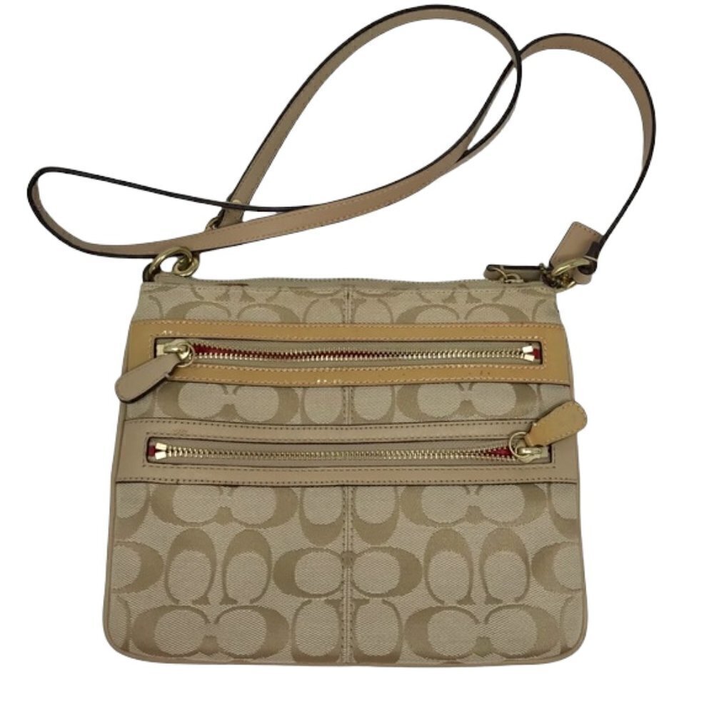 Coach Signature Jacquard Khaki Tan Crossbody bag long strap and Salmon lining